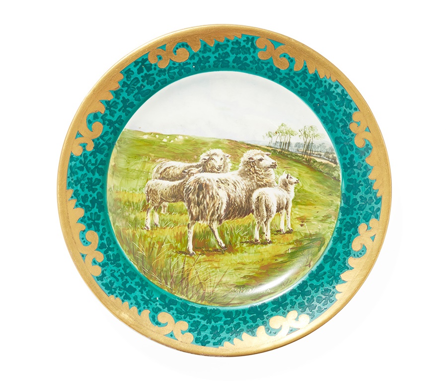 A RARE WEMYSS WARE PLATE CIRCA 1900 decorated with sheep by Karel Nekola